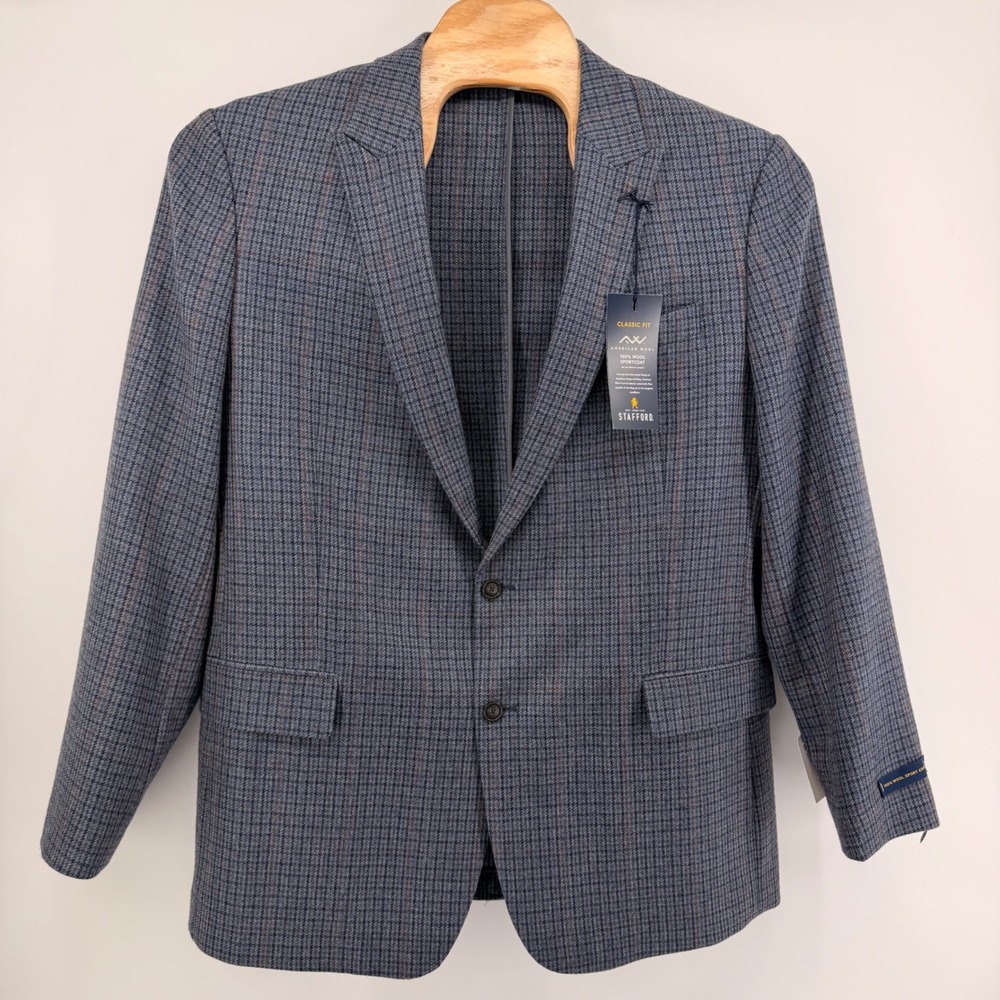 Stafford Sport Coat Mens 48L Gray Multi American Wool Classic Fit Plaid Blazer